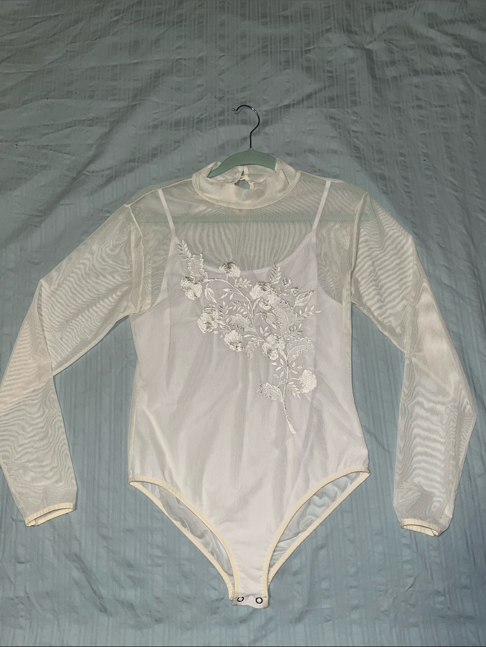 Ecru Sheer Long Sleeve Floral Appliqué Bodysuit